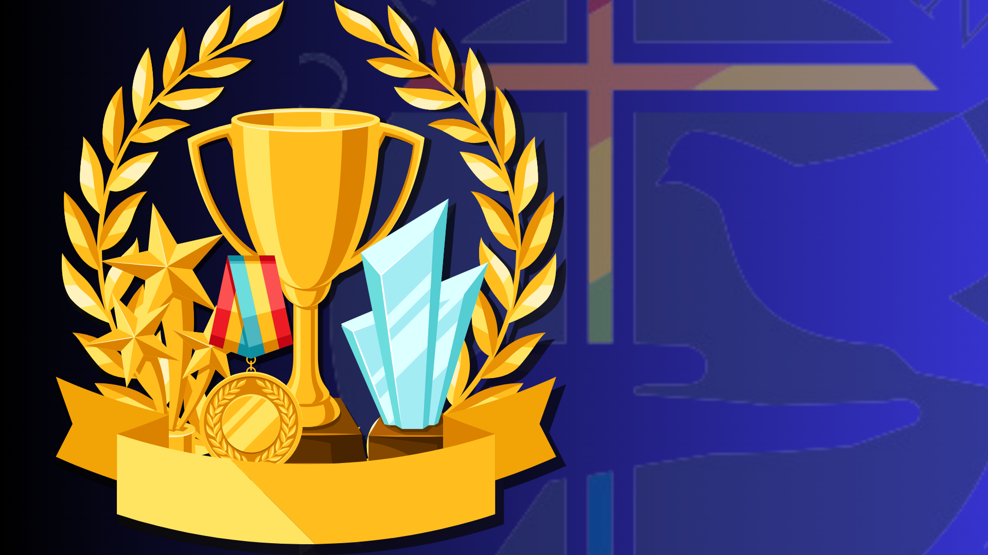 This image features a golden trophy adorned with laurel leaves on either side, representing victory or achievement. Alongside the trophy, there are other award symbols, including gold stars, a medal with a colorful ribbon, and crystal-like blue structures.